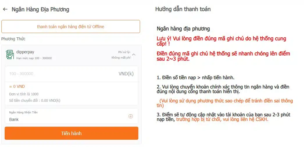 Nạp tiền qua ngân hàng địa phương