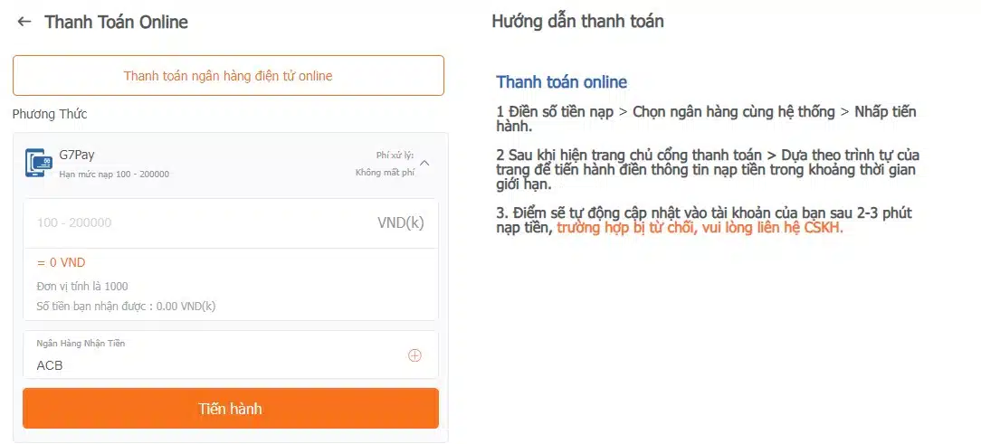 Nạp tiền qua hình thức online