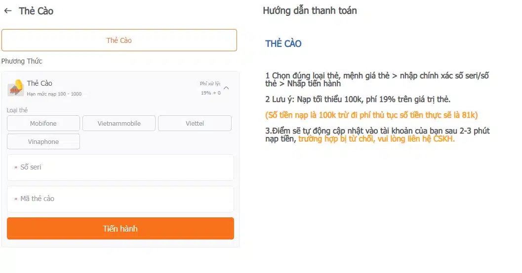 Nạp tiền thông qua thẻ cào