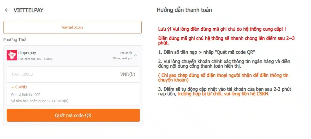 Nạp tiền thông qua quét mã QR